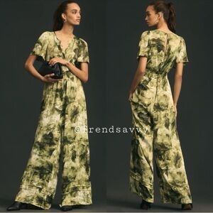 Anthropologie Somerset Olive Green Tie Dye Wide Leg Jumpsuit XS Tall Resort Boho